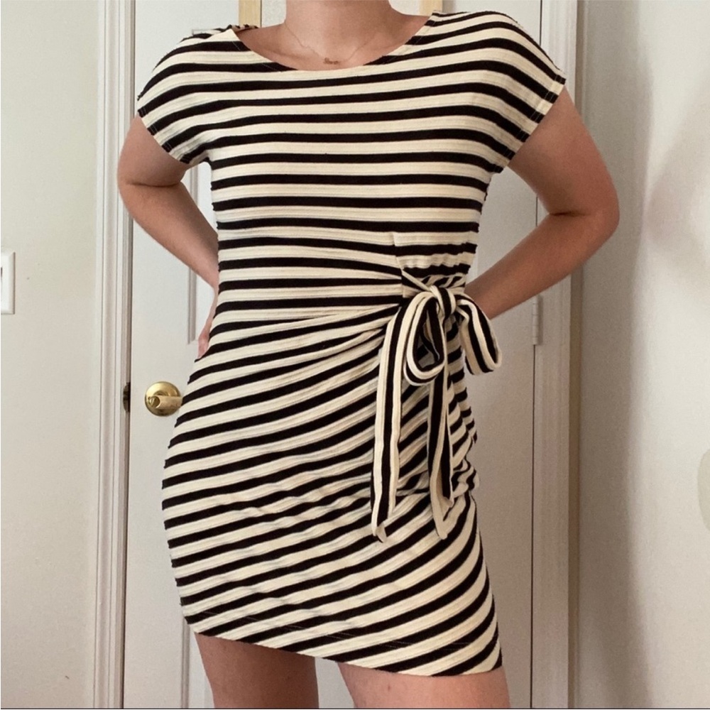 SATURDAY SUNDAY Anthropologie Black and White Striped Knit Tie-Waist Dress